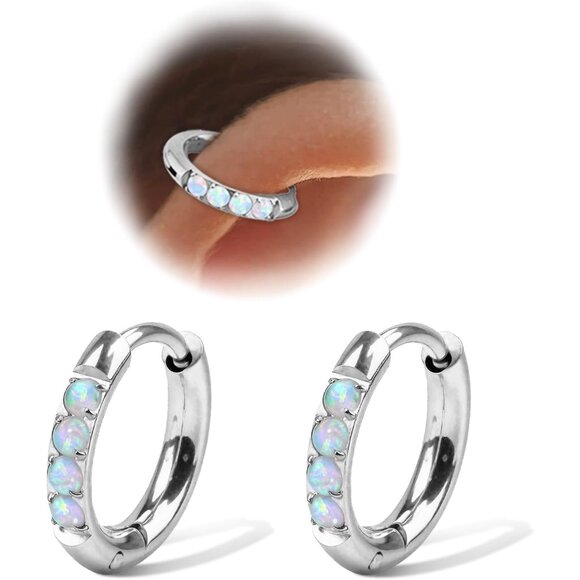 Dainty Opal Hoop Earrings: Medical-Grade Steel for Safe and Stylish Piercings - Picture 1 of 7